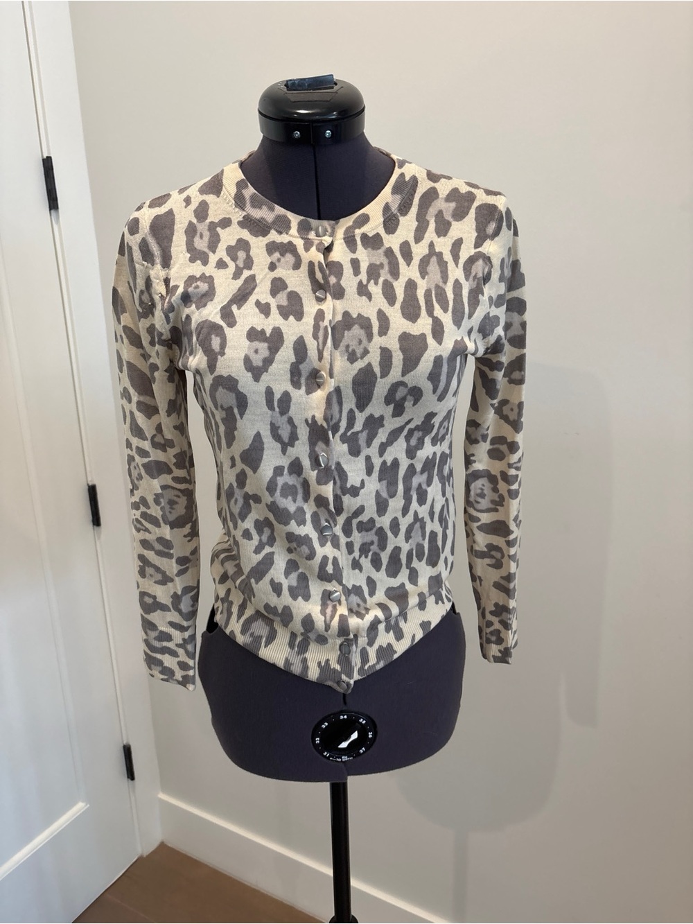 J. Crew Beige and Gray Leopard Print Crewneck Cardigan